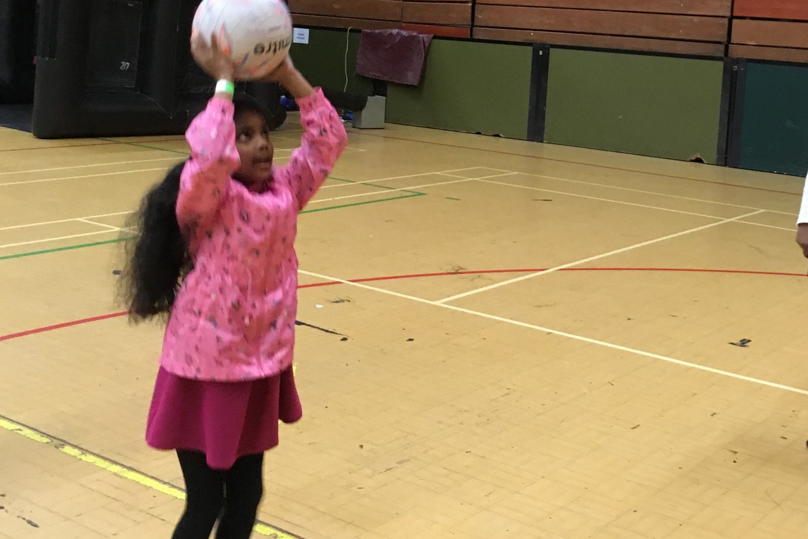 Girl in pink top holding netball above head.jpg