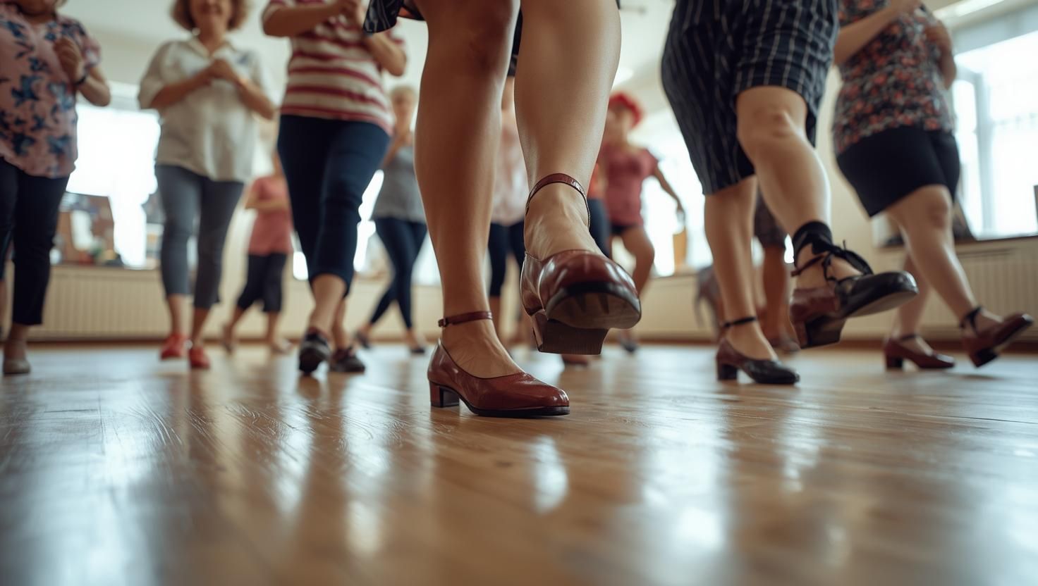 A group of older women line dancing in a brightly lit dance studio, their legs and feet moving rhythmically in a vibrant display of coordinated steps. The camera angl.jpg