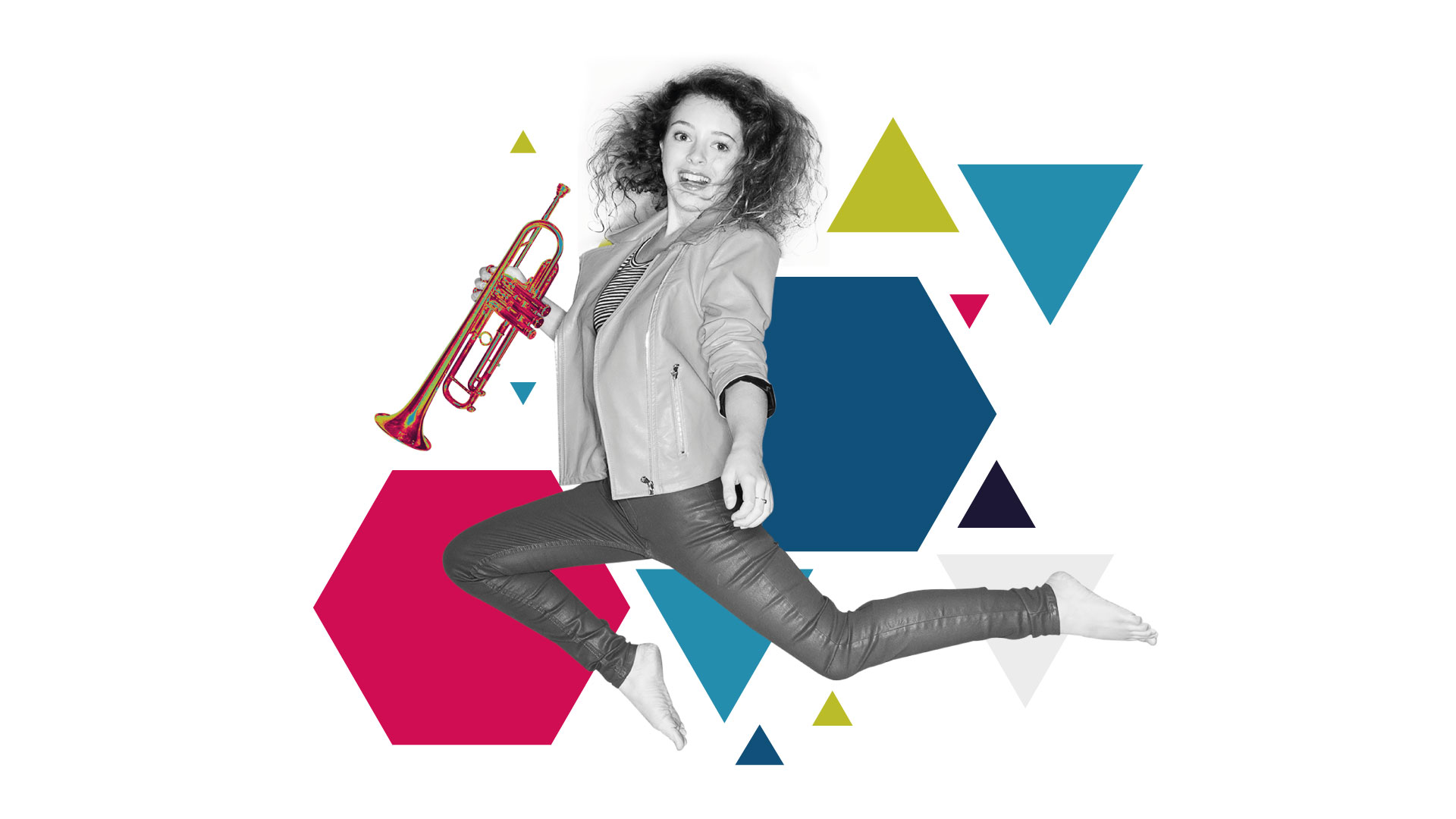 Female trumpeter jumping above a background of coloured abstract shapes