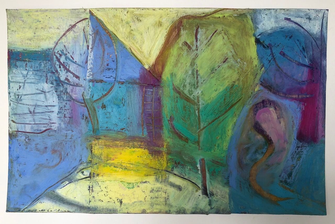 Ella J Wilding. The Garden's End. Oil pastel and collage on cardboard. 30cm x 19 cm. £160..jpeg